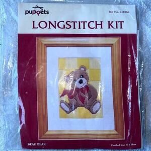 RARE Hard To Find Vintage Sealed Puppets Long Stitch Kit #L11006 Beau Bear Print